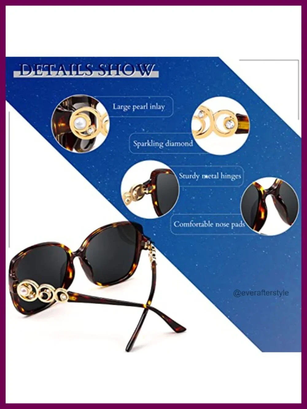 Oversized Square Polarized Sunglasses with Pearl Inlays for Women UV Protection